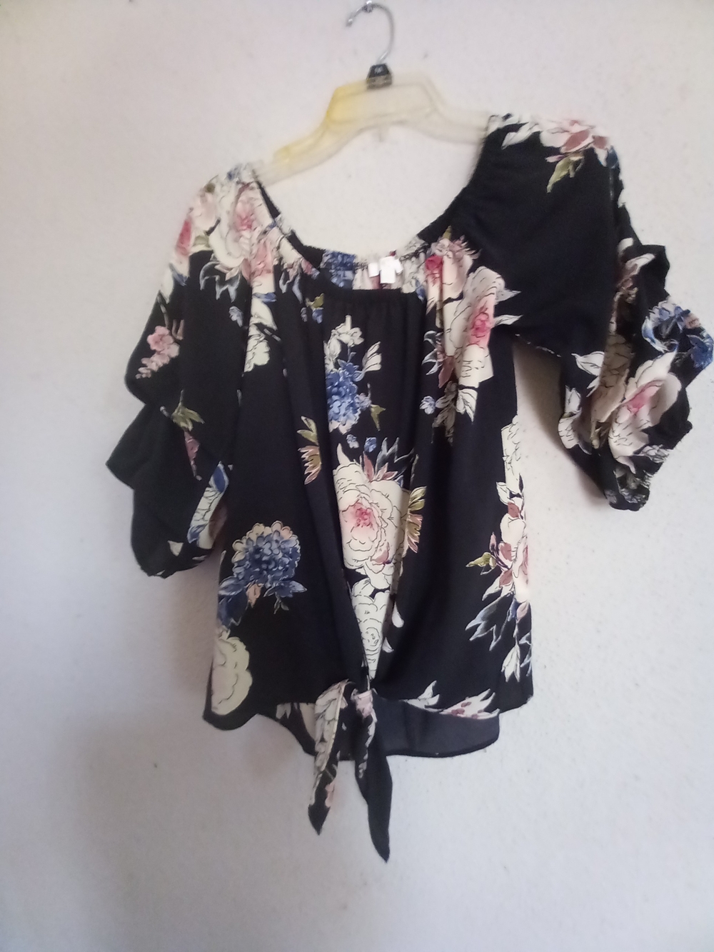 Charming Charlie Black Floral Tie-Front Blouse
